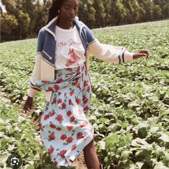 THE GREAT. The Ranch Cardigan in Cream with Denim / Blue Jean - Picture 4 of 8
